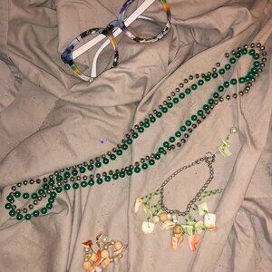 bundle tropical shell bracelet, earring set, glasses frames, 2 necklaces